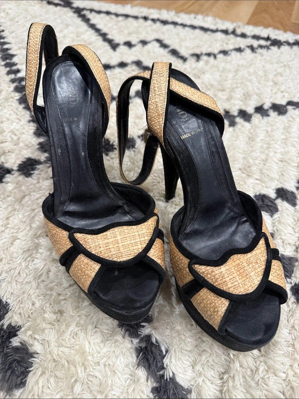 Authentic Fendi Beige Straw & Black Suede Ankle Strap Platform Sandals | Sz: 8